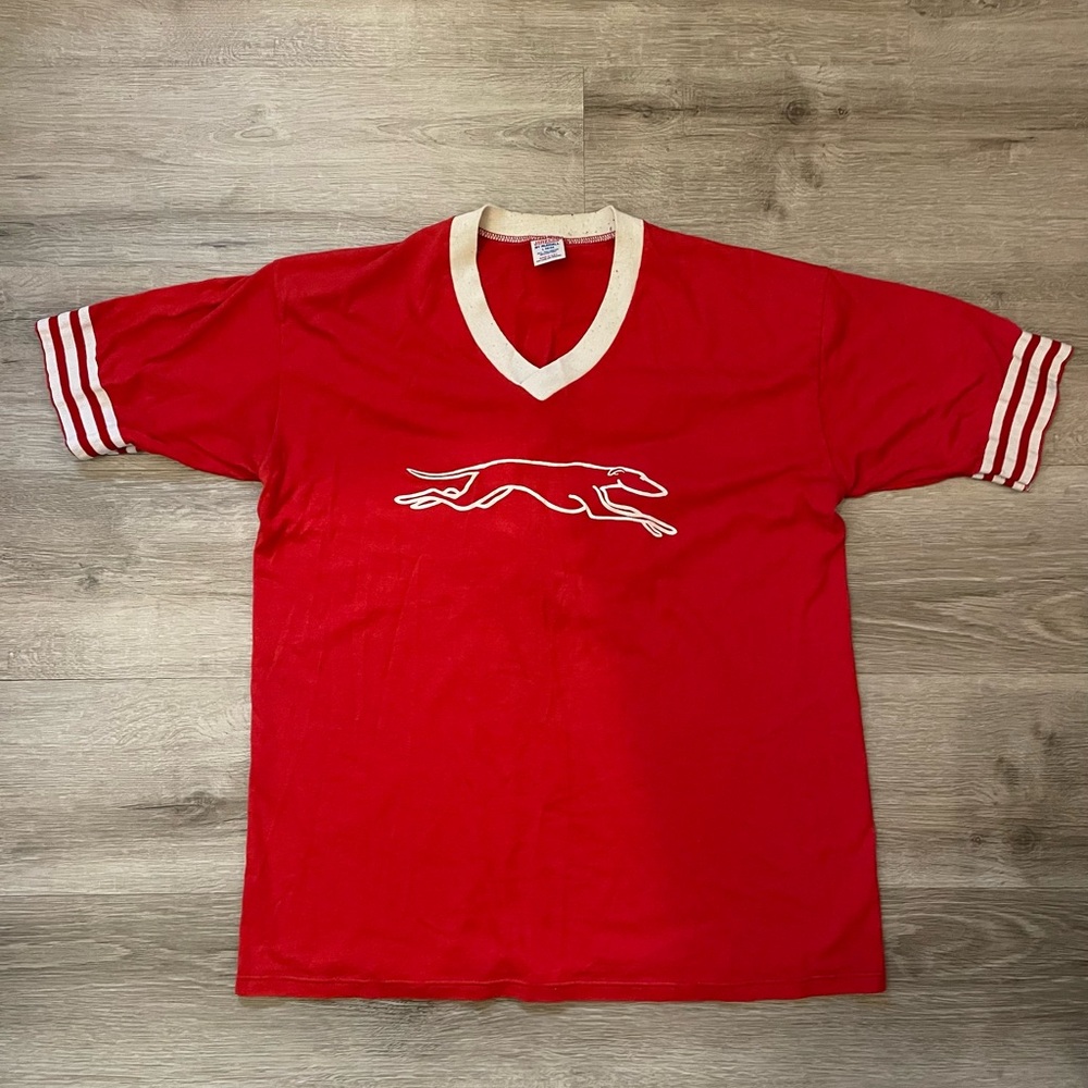Vintage Greyhound Red V-Neck T-Shirt with Striped Sleeves